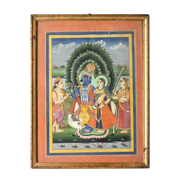 Watercolour Painting Of Krishna & The Gopis - 19th Century
