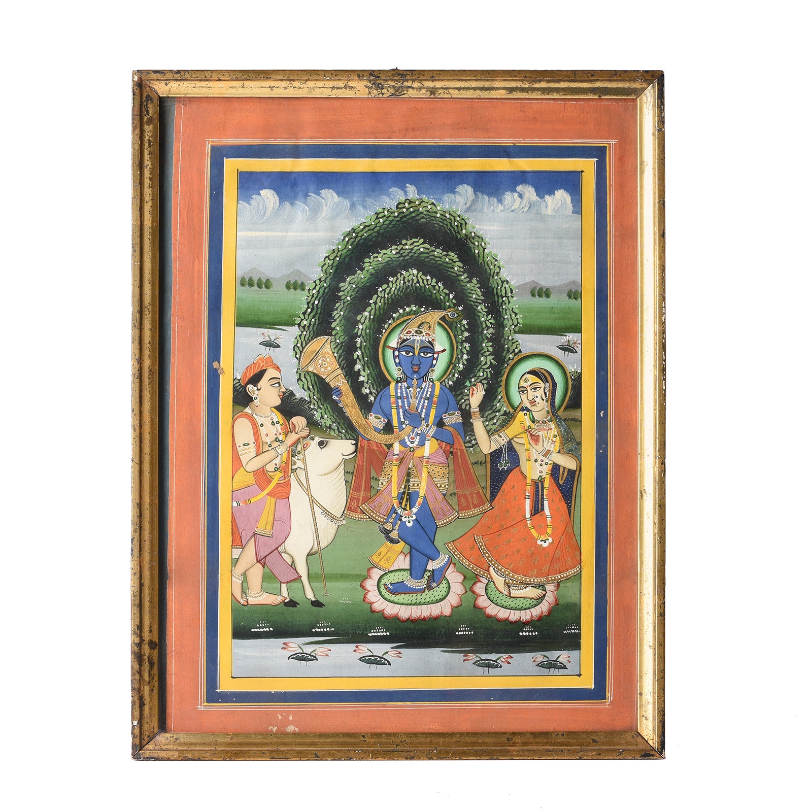 Antique Framed Watercolour Painting Of Krishna Playing A Horn - 19th Century | Indigo Antiques