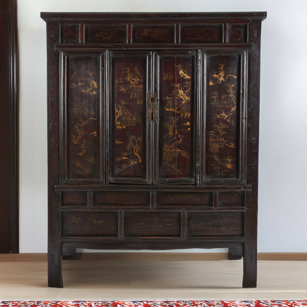 Chinese Black Lacquer Wedding Cabinet From Shanxi - 19th Century