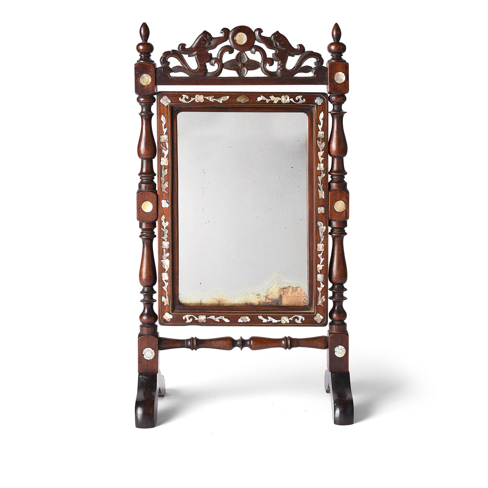 Antique Chinese Mother of Pearl Inlaid Hardwood Vanity Mirror - Late 19th Century | Indigo Antiques