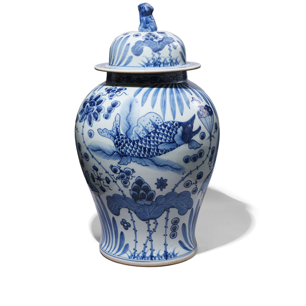 Small Blue & White Porcelain Temple Jar - Fish Design | Indigo Antiques