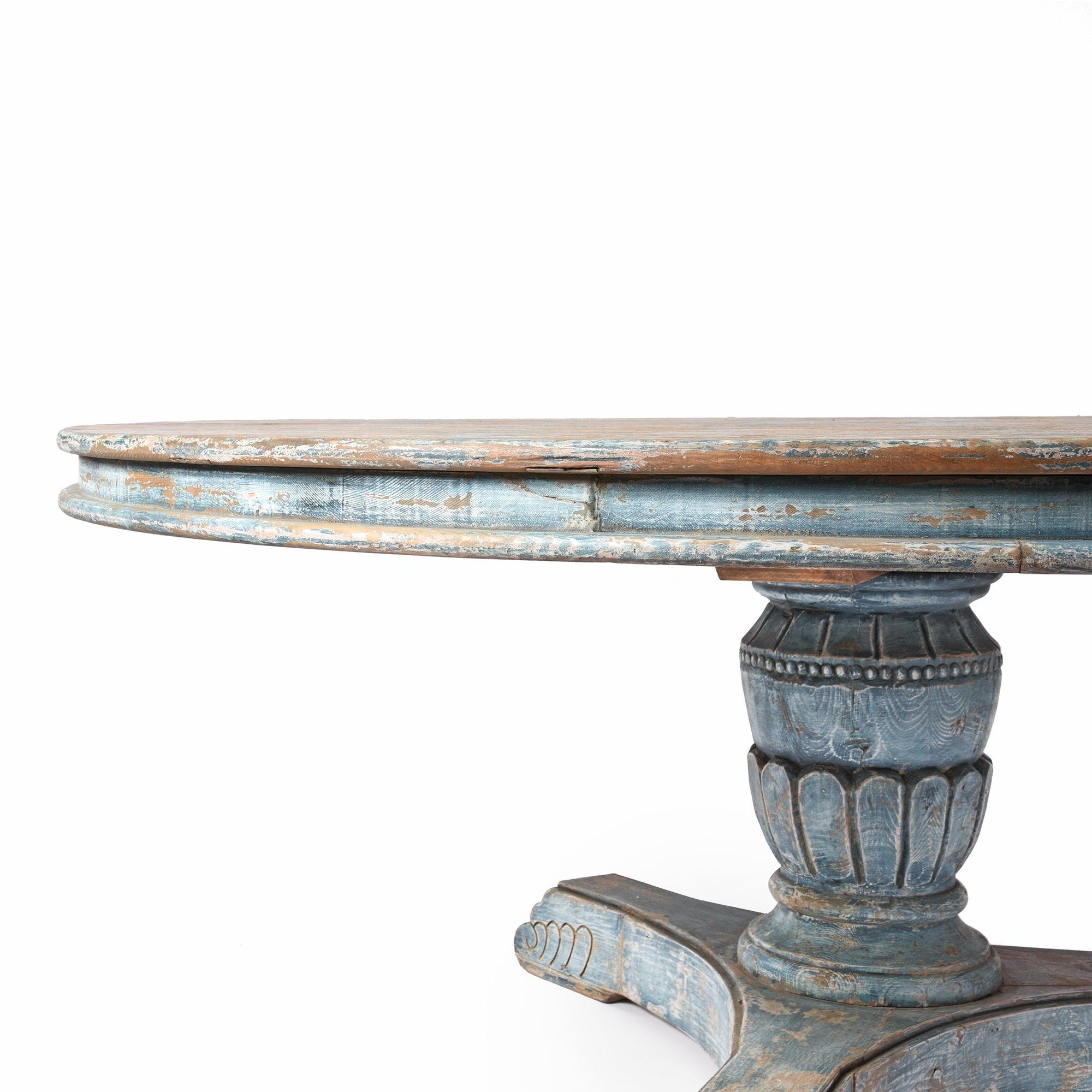 Round Pedestal Dining Table Made From Old Blue Painted Pine | Indigo Oriental Antiques