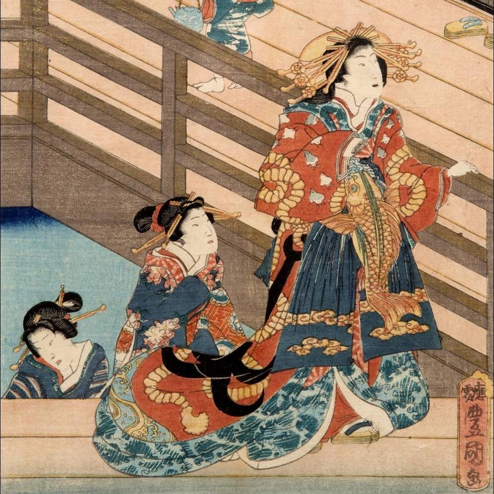 Framed Japanese Woodblock Print of Courtesans by Hashidate - Ca 1860 | Indigo Oriental Antiques