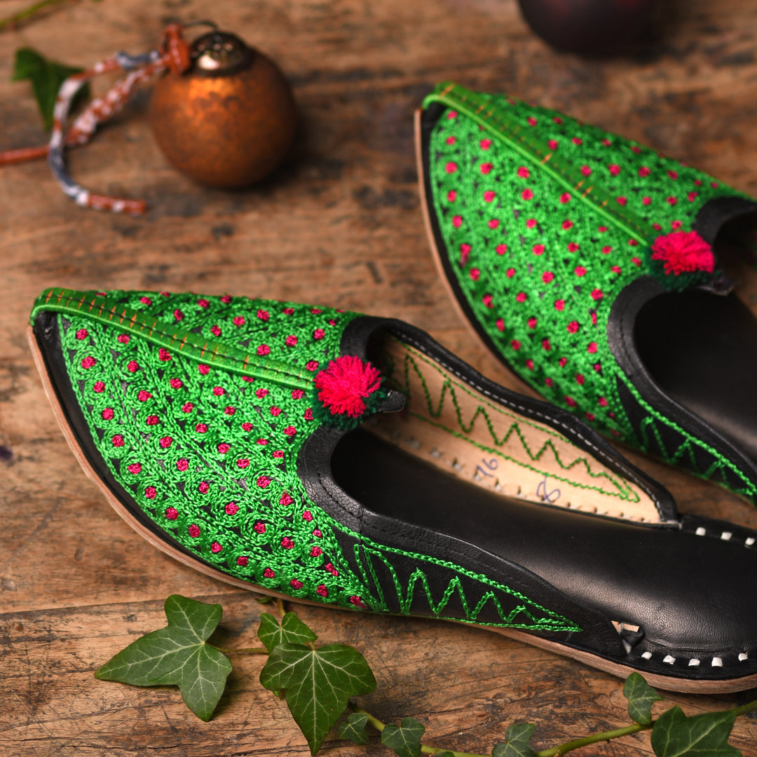 Indian Handmade Leather Embroidered Slippers | Indigo Antiques