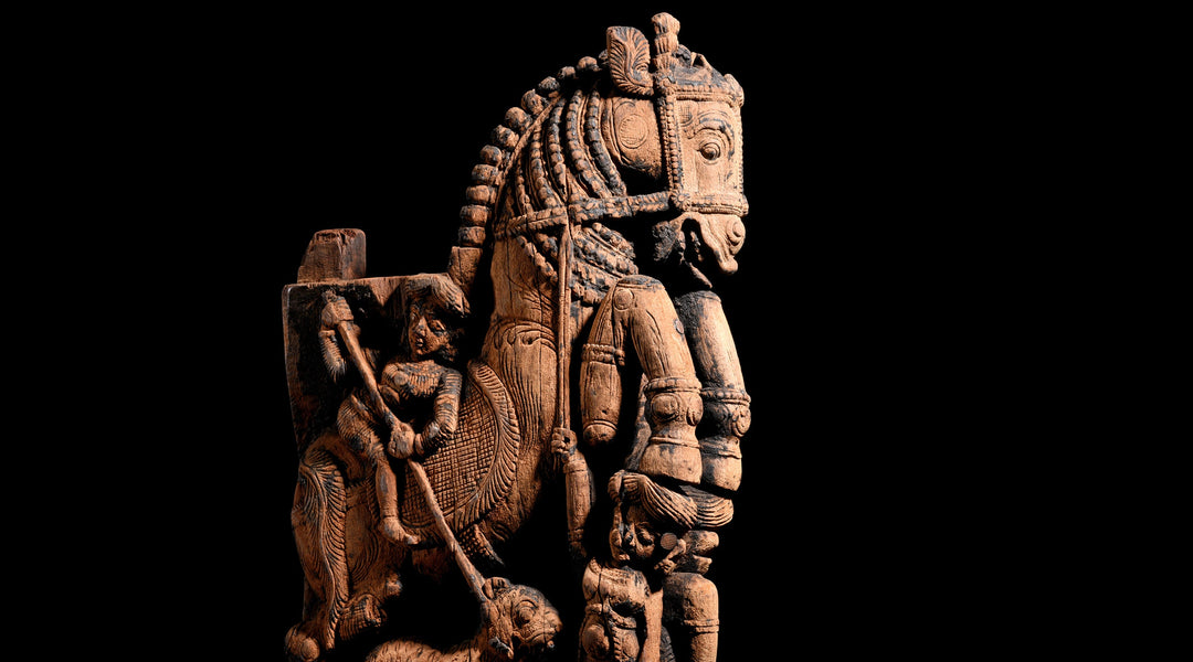 Antique Indian decorative horse statue from a Tamil Nadu temple chariot