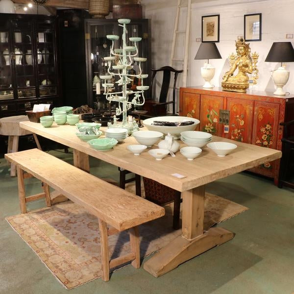 Bleached wood dining table and bench made from antique elm