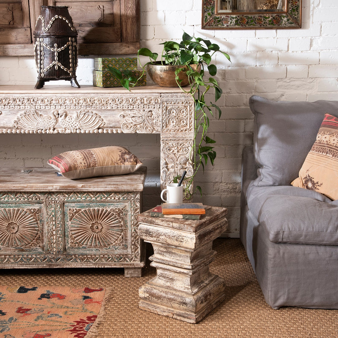 Indian reclaimed teak wood made from architectural carvings for a rustic bohemian home