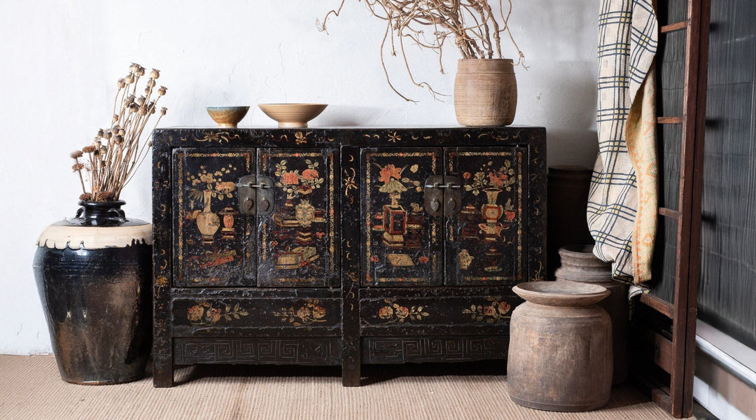 Antique Chinese Shanxi sideboard (Qing dynasty) in a rustic wabi sabi room