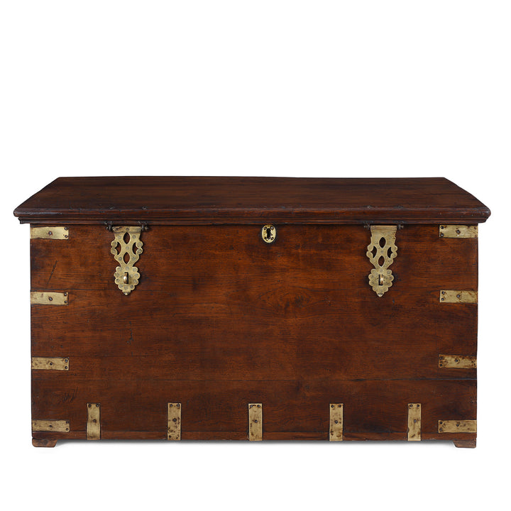 18th Century Anglo Indian Brass Bound Teak Military Chest With Candle Box And Secret Compartment