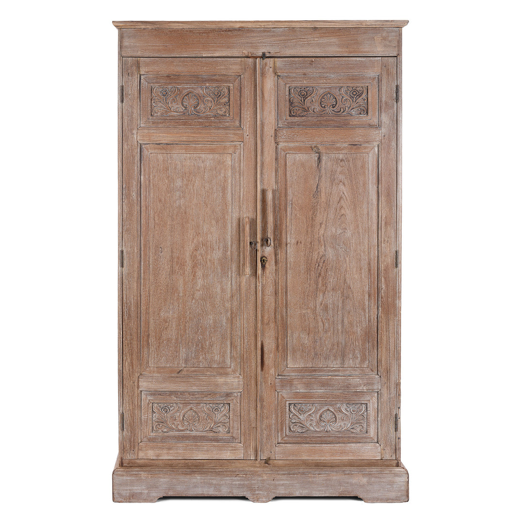 19Th Century Indian Limed Wood Wardrobe With Carved Panels Internal Compartments Drawer And Hanger Rail