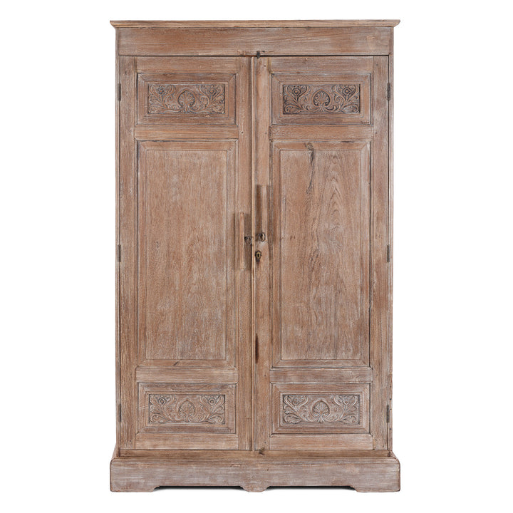 19Th Century Indian Limed Wood Wardrobe With Carved Panels Internal Compartments Drawer And Hanger Rail