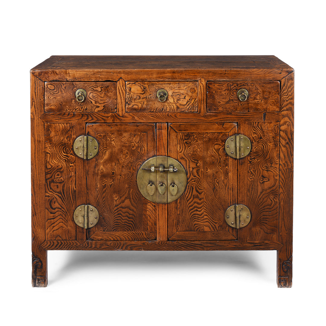19Th Century Tianjin Burr Elm Sideboard With Brass Hardware And Three Drawers | Indigo Antiques