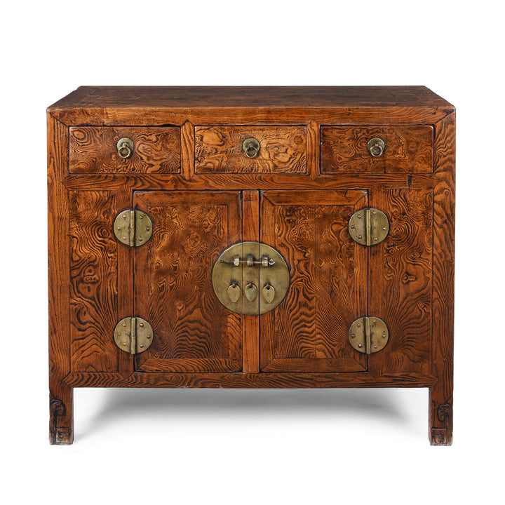 19Th Century Tianjin Burr Elm Sideboard With Brass Hardware And Three Drawers | Indigo Antiques