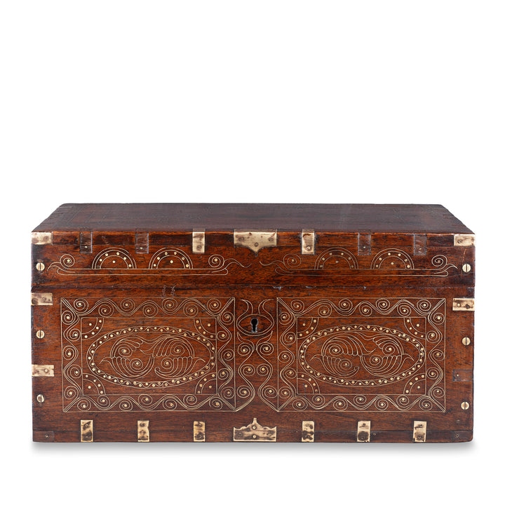 19th Century Anglo Burmese Brass Bound Teak Military Chest With Brass Wire Inlay And Carved Interior Compartments