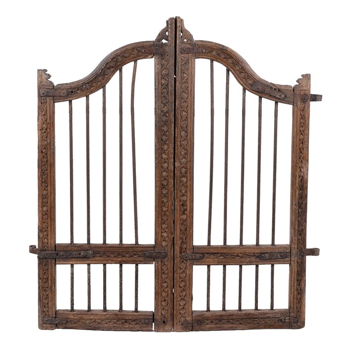 19th Century Carved Teak Haveli Dog Gate From Gujarat With Iron Bars And Floral Detailing