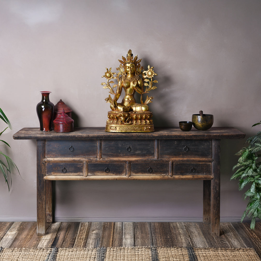 19th Century Chinese Nanmu Altar Table With Seven Drawers And Faded Black Lacquer Finish