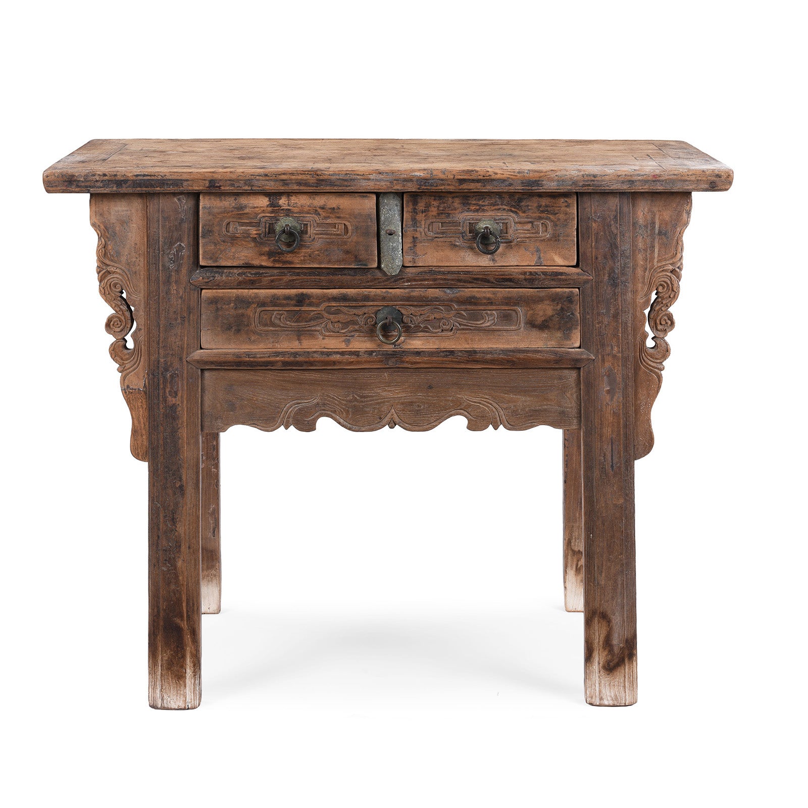 19th Century Chinese Shanxi Elm Half Table With Three Drawers And Carved Details | Indigo Antiques