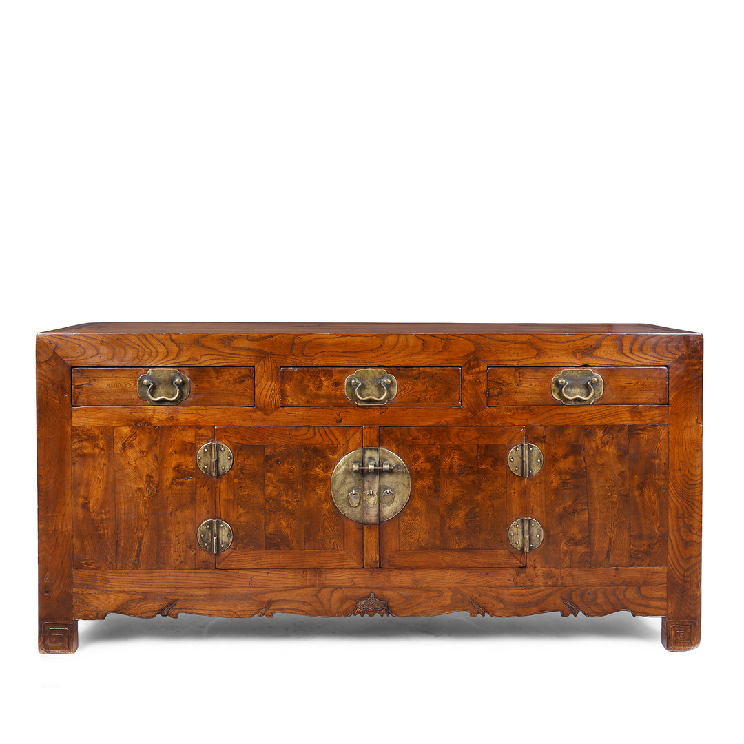 19th Century Chinese Tianjin Elm Sideboard With Burr Elm Panels And Brass Hardware
