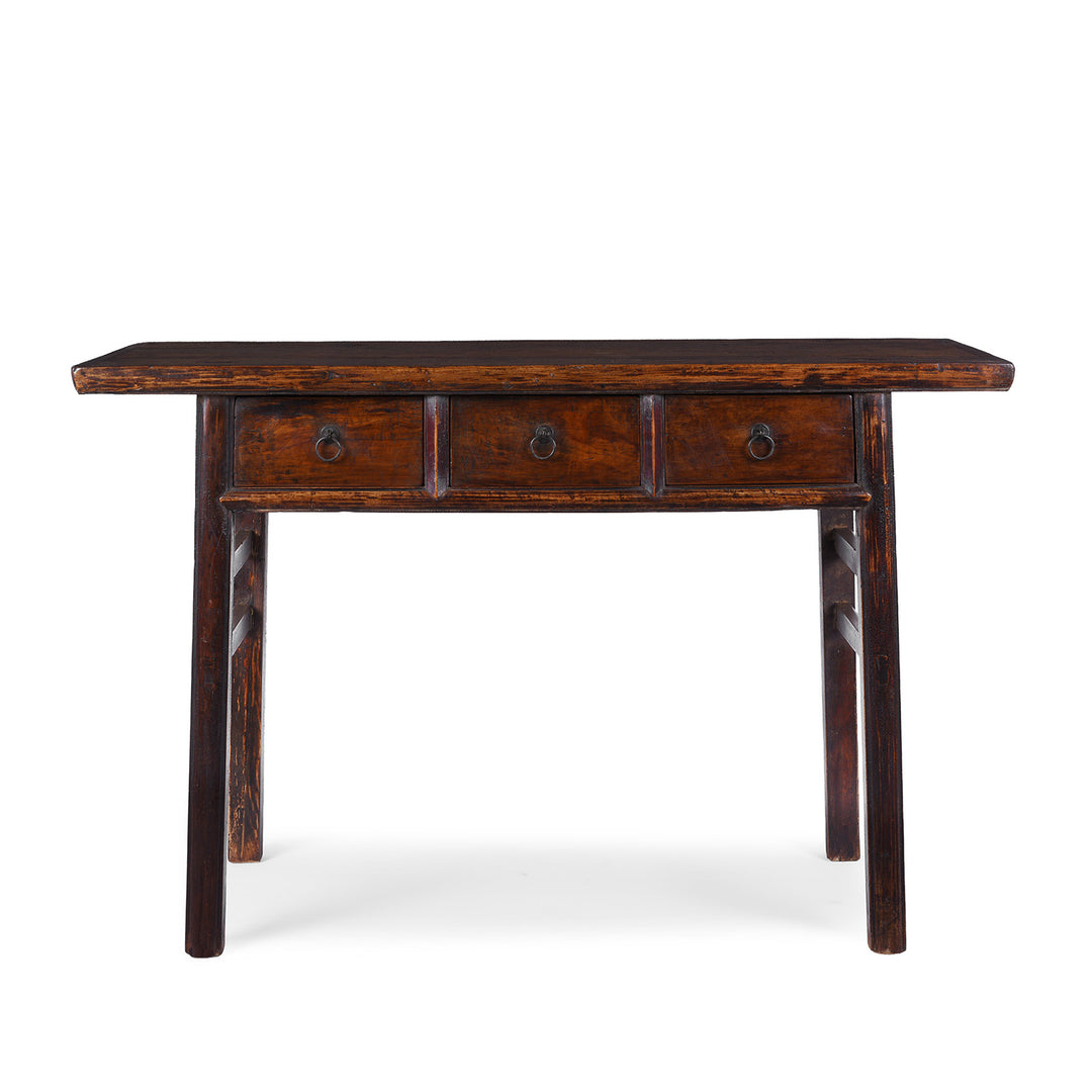 19th Century Chinese Walnut And Elm Three Drawer Console Table From Shanxi Province With Ring Pull Handles | Indigo Antiques