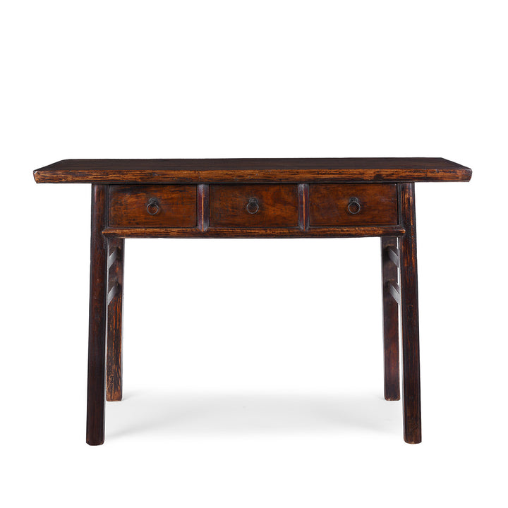 19th Century Chinese Walnut And Elm Three Drawer Console Table From Shanxi Province With Ring Pull Handles | Indigo Antiques