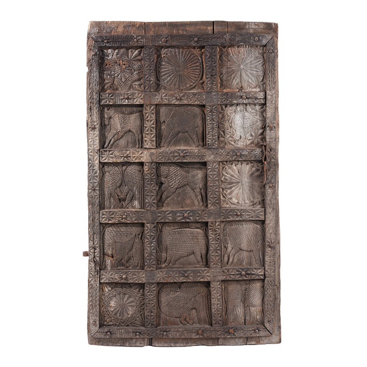 19th Century Hand Carved Cedar Door Panel From Kullu With Animal And Geometric Motifs | Indigo Antiques