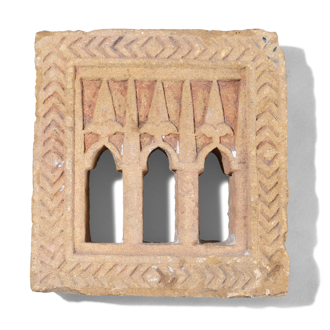 19th Century Hand Carved Jaisalmer Sandstone Three Way Lamp Niche With Arched Openings From Rajasthan