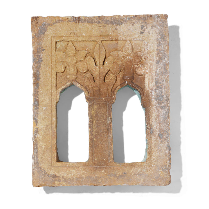 19th Century Hand Carved Jaisalmer Stone Lamp Niche With Twin Mughal Arch Openings And Floral Detail