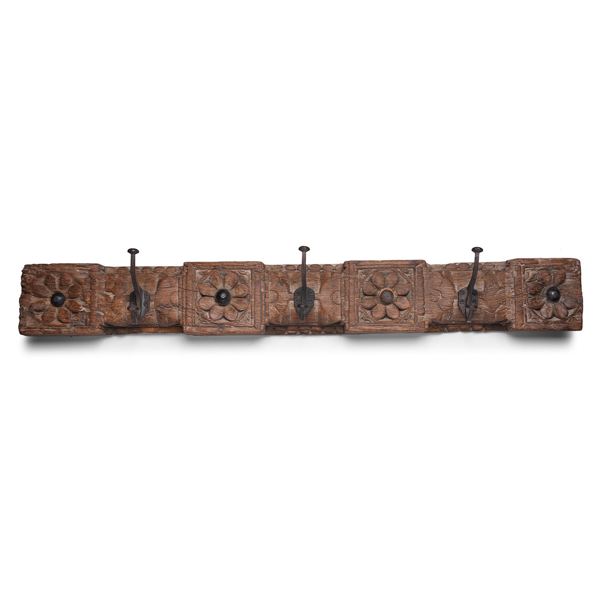 19th Century Indian Carved Teak Panel Coat Rack With Floral Carving And Iron Hooks