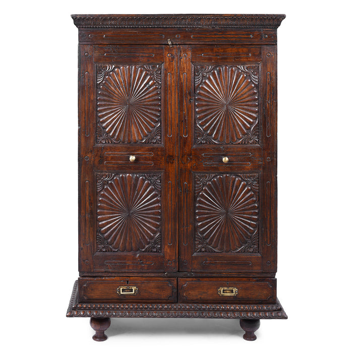 19th Century Indian Teak Almirah Cabinet With Deeply Carved Sunburst Panels And Indo Portuguese Influence