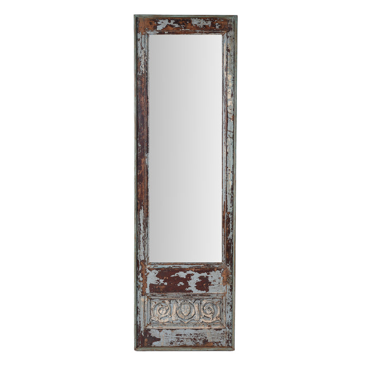 19th Century Indian Teak Mirror From Gujarat With Carved Face Motif And Original Blue Paint