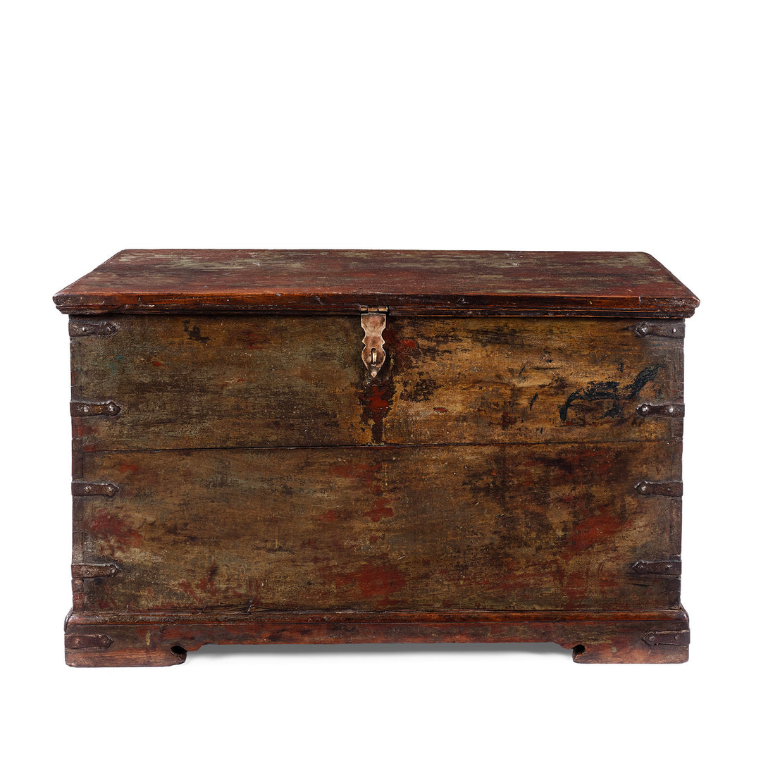 19th Century Iron Bound Gujarat Teak Chest With Distressed Painted Finish And Candle Compartment