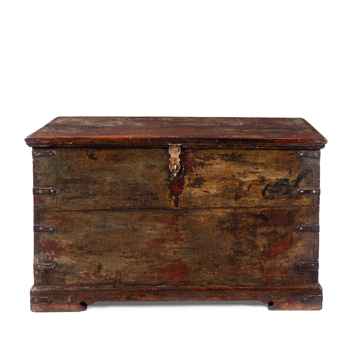 19th Century Iron Bound Gujarat Teak Chest With Distressed Painted Finish And Candle Compartment