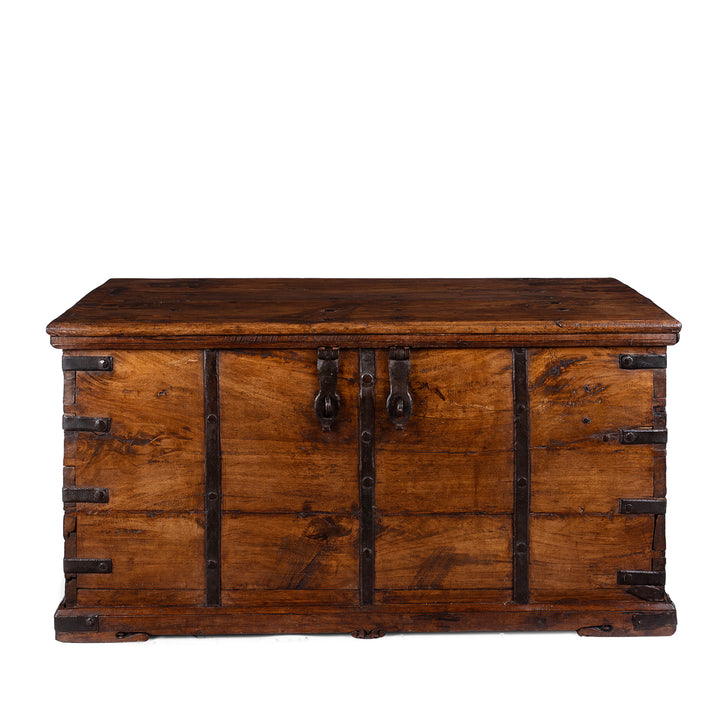 19th Century Iron Bound Indian Teak Chest With Candle Box And Lid Support Chain