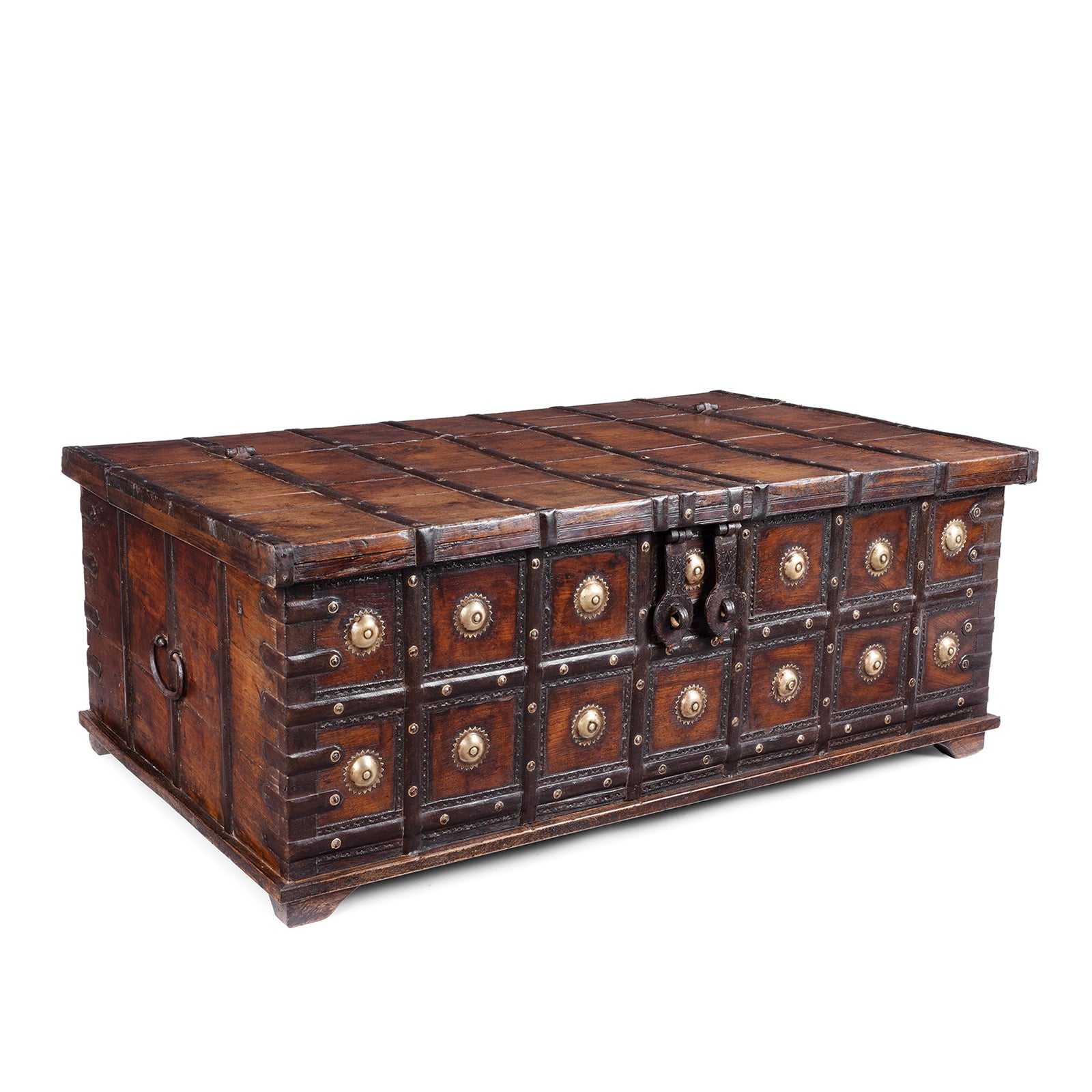 Angled View Of 19th Century Iron Bound Teak Chest With Brass Studs From Gujarat India