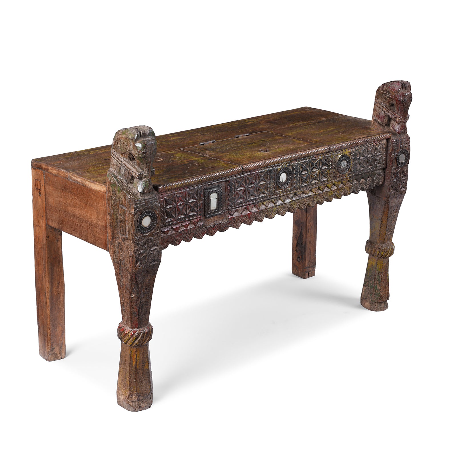 19th Century Kutch Parinda Table With Carved Horse Heads And Mirror Inlay