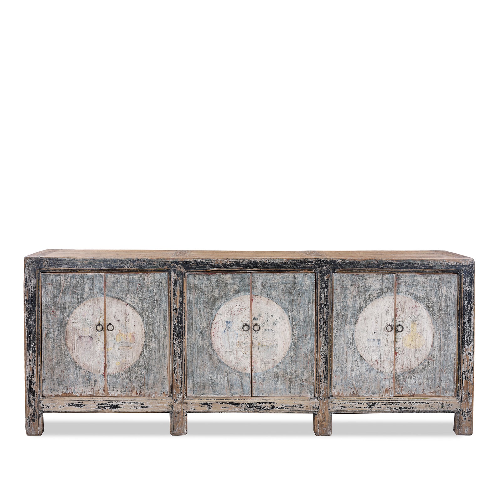 19th Century Mongolian Painted Sideboard With Original Faded Scholarly And Household Scenes And Modified Front Opening Doors