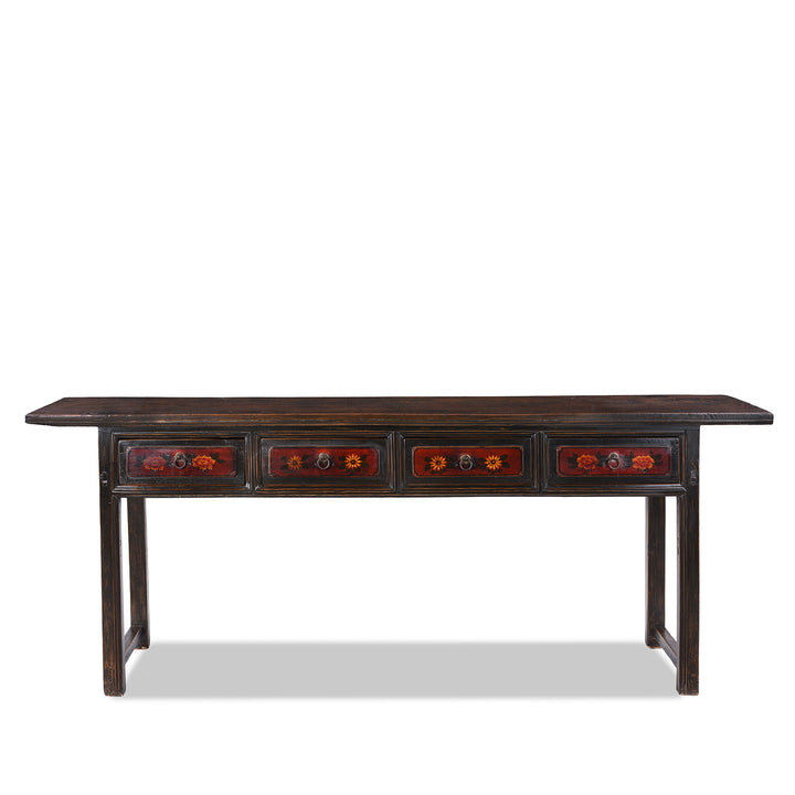 19th Century Painted Elm Altar Table From Gansu With Floral Drawer Fronts And Worn Black Lacquer