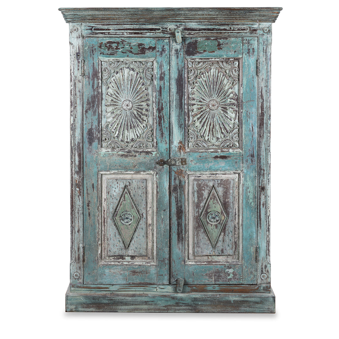 19th Century Painted Teak Almirah Cabinet With Portuguese Influenced Sunburst Carved Panels From Gujarat India | Indigo Antiques