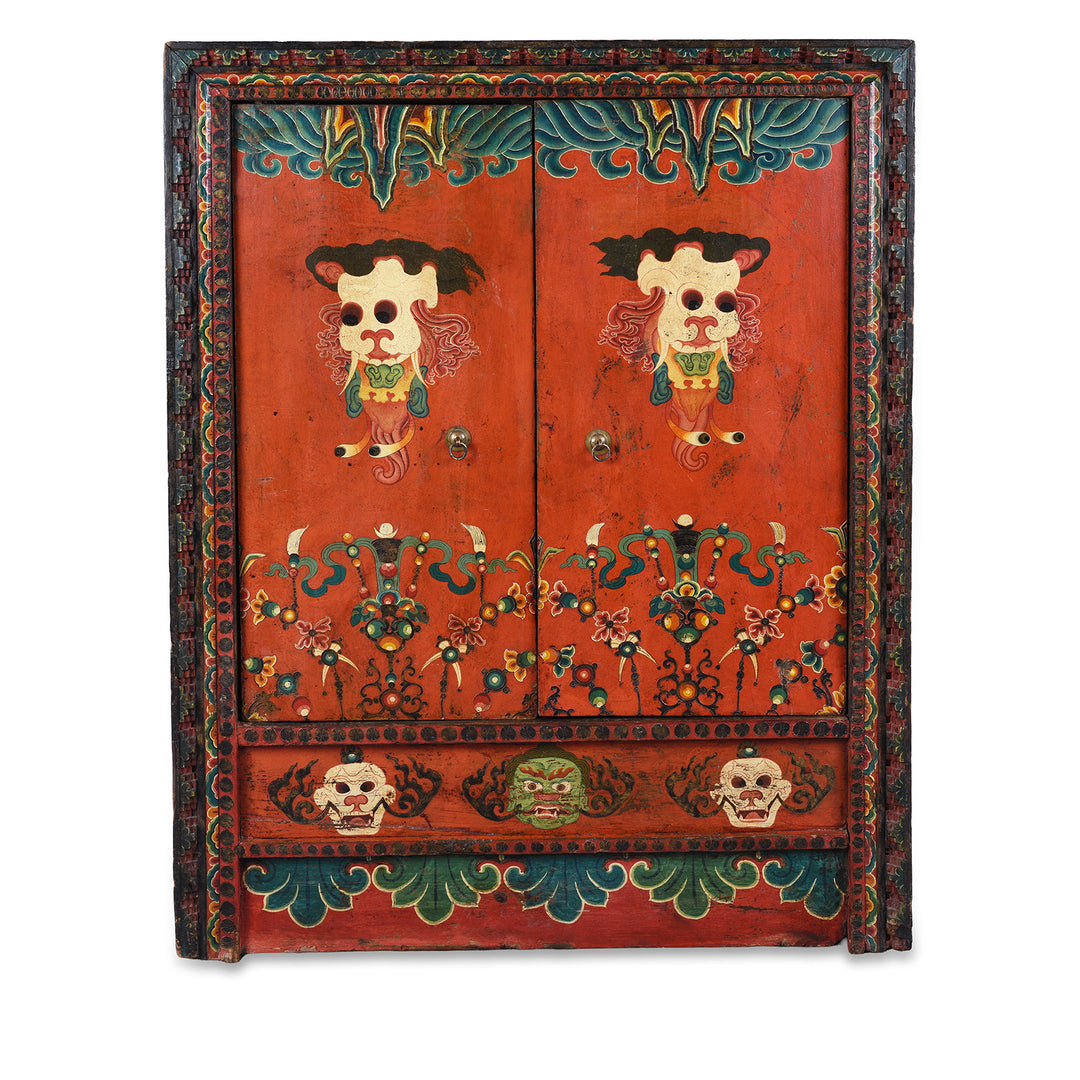 19th Century Painted Tibetan Torgam Cabinet With Hand Painted Snow Lions Protective Buddhist Motifs And Original Interior Shelf | Indigo Antiques