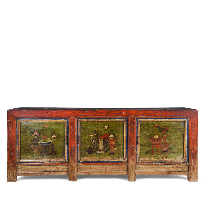 19th Century Qinghai Painted Three Door Sideboard With Scholarly Motifs And Original Grain Store Form | Indigo Antiques