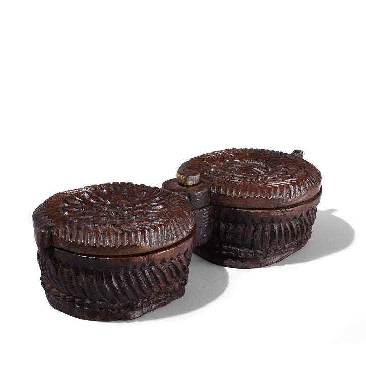 19th Century Rajasthani Hand Carved Wooden Masala Spice Box With Swivelling Lid And Two Compartments