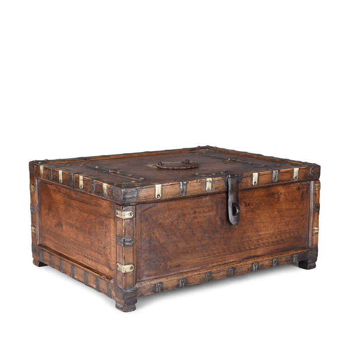 Angled View Of 19th Century Rajasthani Roheda Wood Merchants Box With Brass Binding And Carved Geometric Decoration
