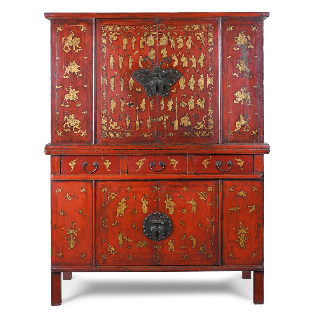 19th Century Red Lacquer South Chinese Wedding Cabinet From Fujian Province With Gilt Figure Decoration And Butterfly Brass Hardware