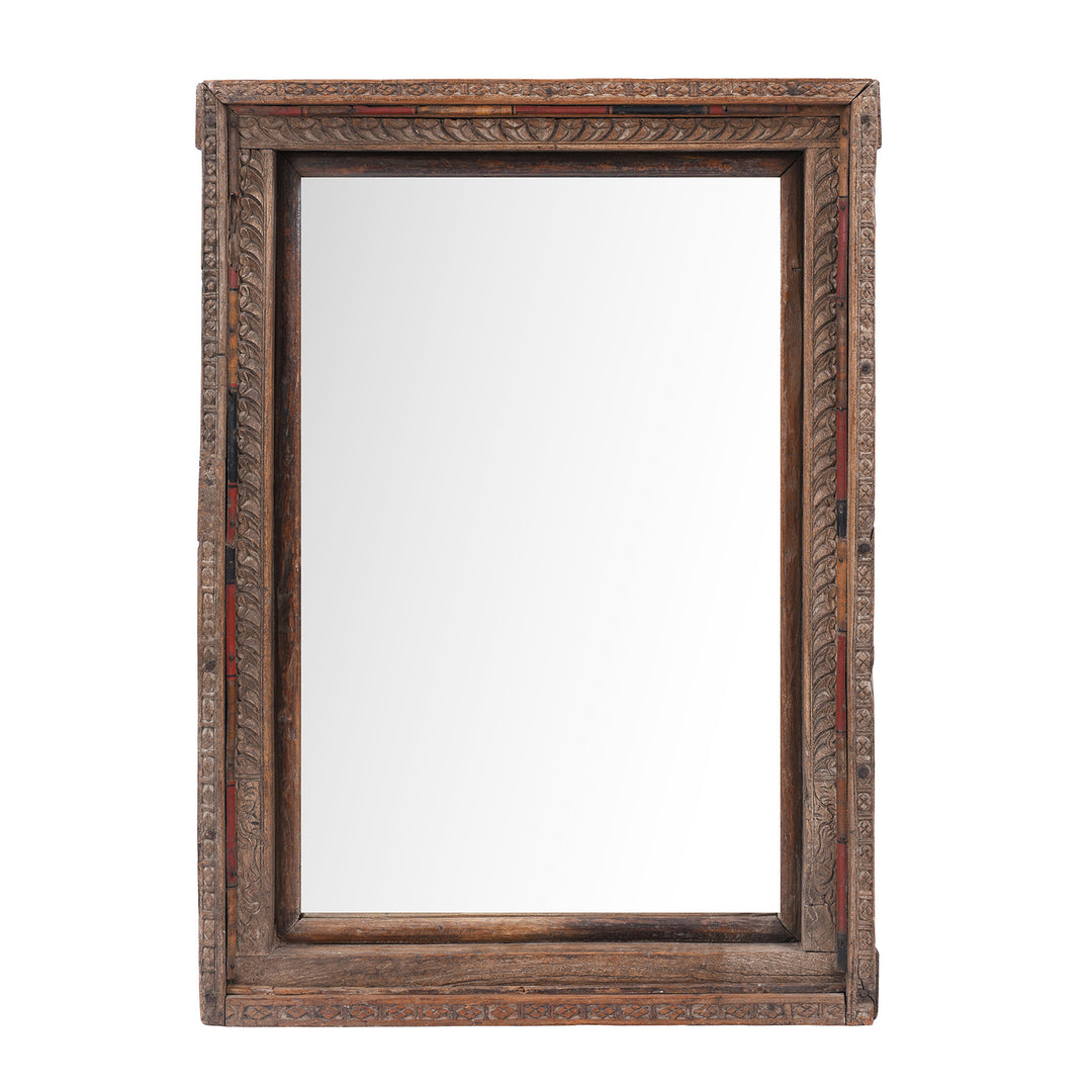 19th Century Shekhawati Roheda Wood Mirror Crafted From An Antique Carved Window Frame With Original Painted Beadwork Details
