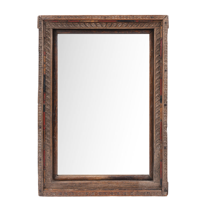 19th Century Shekhawati Roheda Wood Mirror Crafted From An Antique Carved Window Frame With Original Painted Beadwork Details