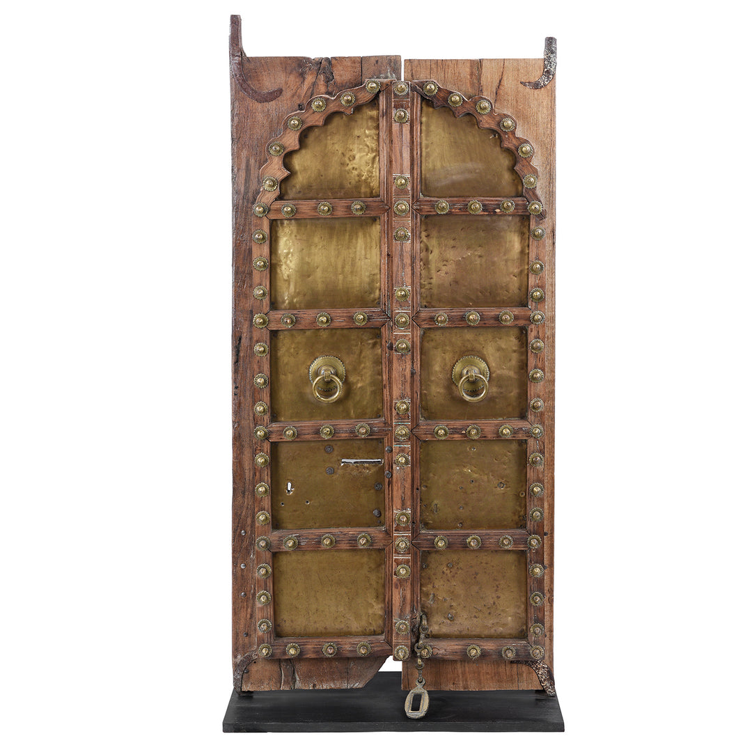 19th Century Shekhawati Sheesham Wood And Brass Door With Mughal Arch Detailing Mounted On Display Stand | Inigo Antiques