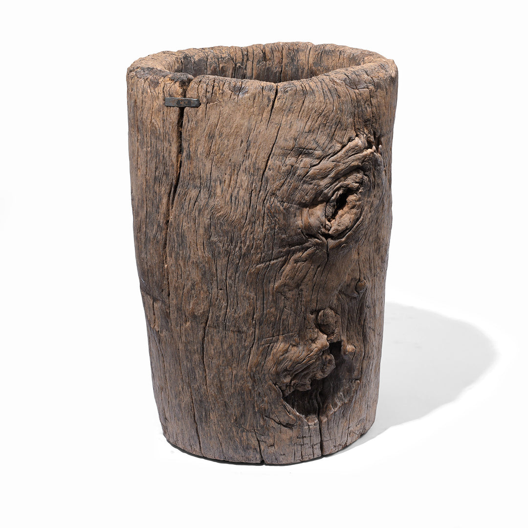 19th century oak pepper mortar from South China with deeply weathered timber and historic iron repairs | Indigo Antiques