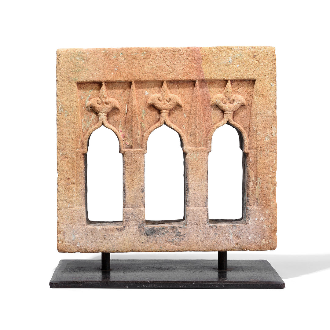 3 Way 19th Century Jaisalmer Sandstone Lamp Niche Mounted On Iron Stand With Triple Arched Openings