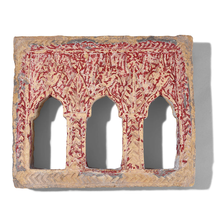 3 Way Red Painted 19th Century Jaisalmer Sandstone Lamp Niche With Triple Arched Openings And Carved Detailing | Indigo Antiques