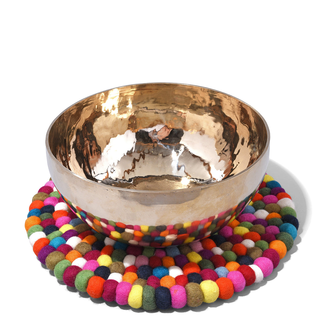 Handmade 40cm multi-coloured felt ball singing bowl cushion from Nepal, crafted from individually hand-felted wool balls to provide a stable and protective base for Tibetan singing bowls.